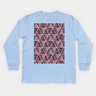 Abstract seamless pattern with ultimate grey and shining grey watercolor triangles on pink background. Best for the print, fabric, poster, wallpaper, cover and packaging, wrapping paper. Kids Long Sleeve T-Shirt